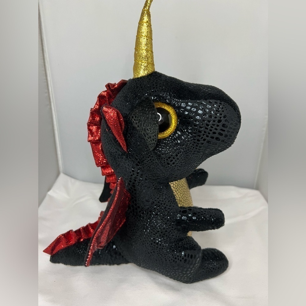 Ty Beanie Boos GRINDAL the Black Dragon Unicorn Horn Plush 12" Gold n Red Wings